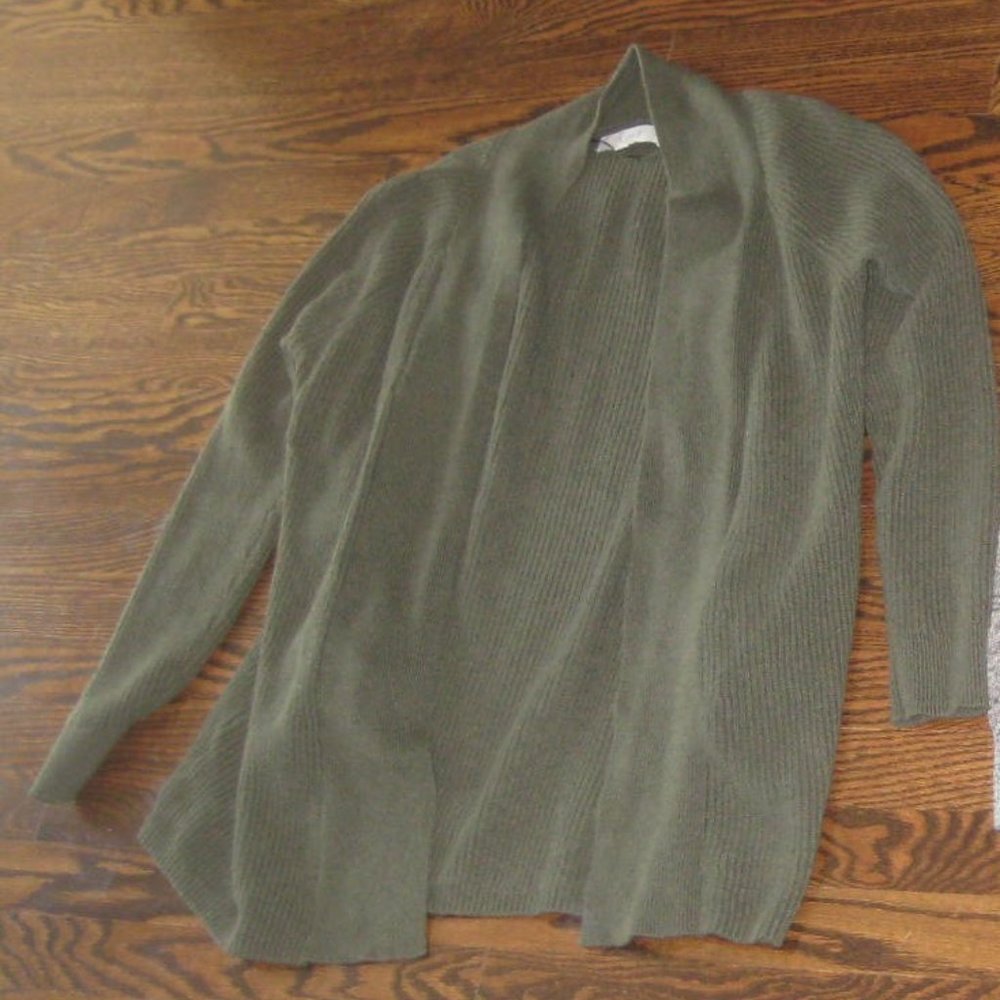 LOFT OLIVE GREEN OPEN FRONT LONG CARDIGAN W POCKETS SMALL
